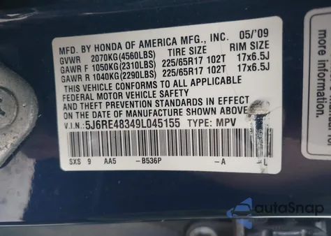 2009 Honda Cr-V Lx from USA, damaged, VIN 5J6RE48349L045155